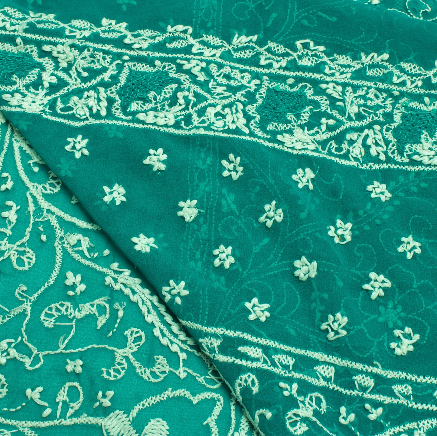 Sushila Vintage Green Sari Remnant Scrap Georgette Embroidered Craft Fabric