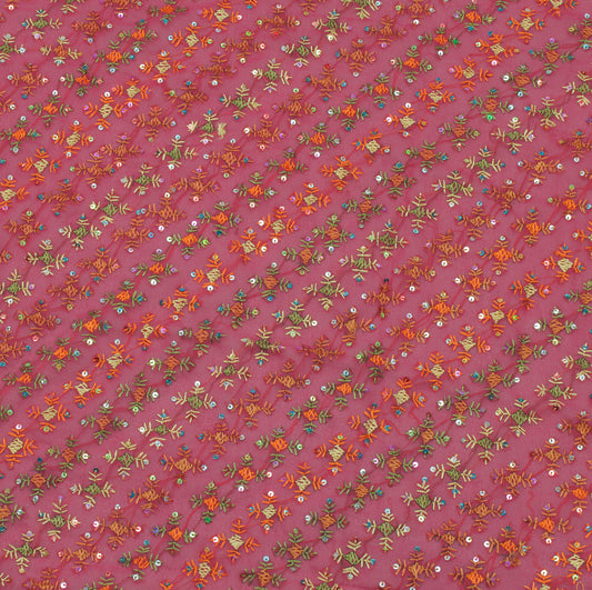 Sushila Vintage Pink Sari Remnant Scrap Blend Georgette Embroidered Craft Fabric