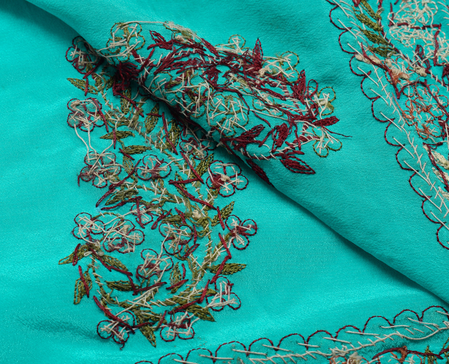 Sushila Vintage Aqua Blue Sari Remnant Scrap Pure Crepe Hand Beaded Craft Fabric