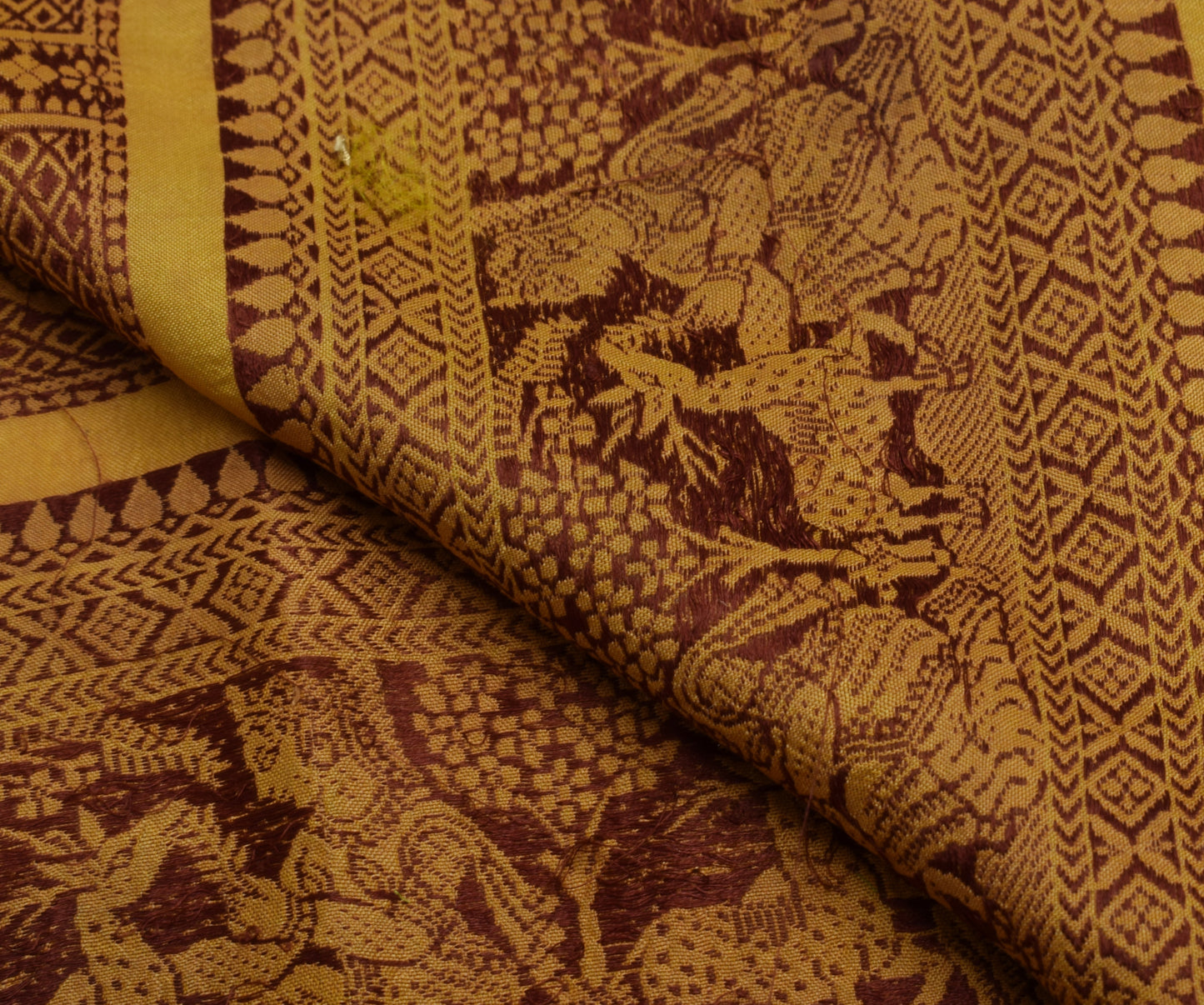 Sushila Vintage Mustard Sari Remnant Scrap 100% Pure Silk Woven Craft Fabric