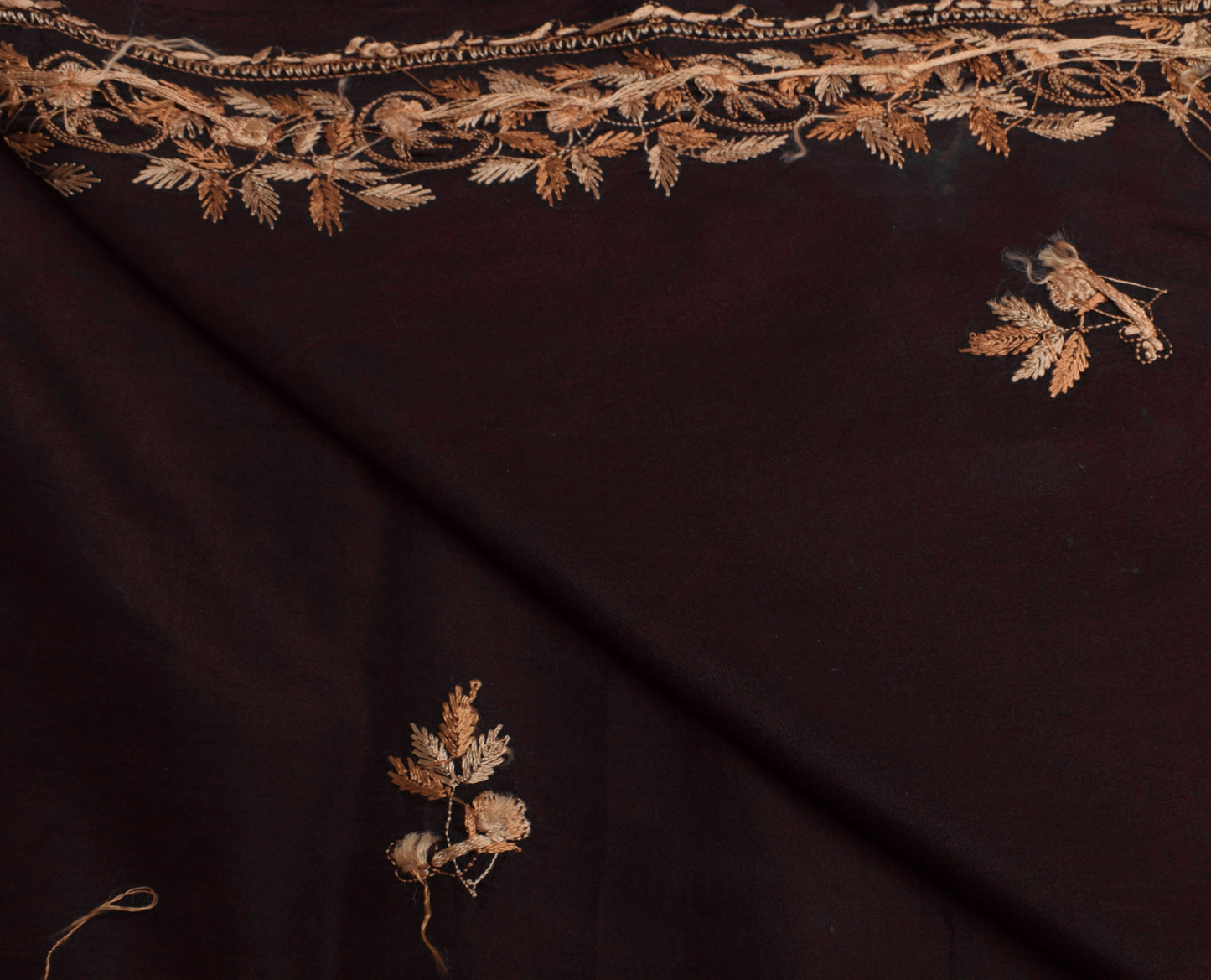 Sushila Vintage Brown Sari Remnant Scrap Pure Silk Hand Embroidered Craft Fabric