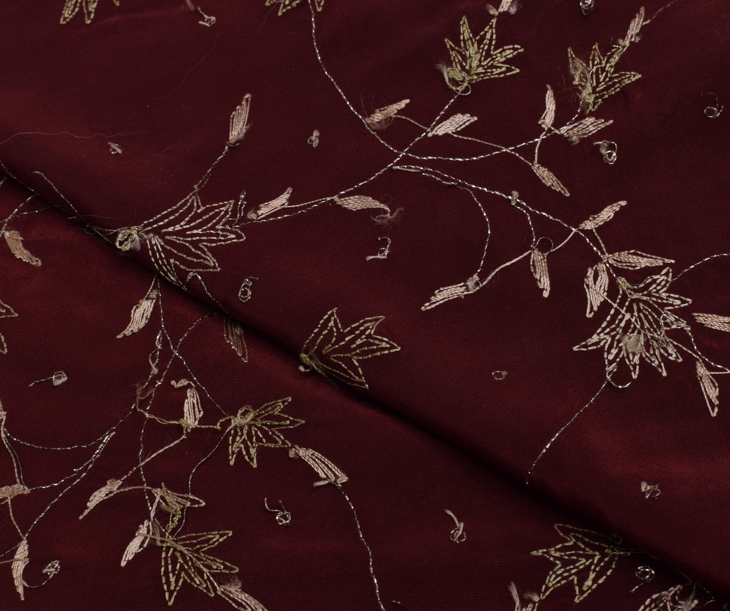 Sushila Vintage Maroon Sari Remnant Scrap Blend Crepe Embroidered Craft Fabric