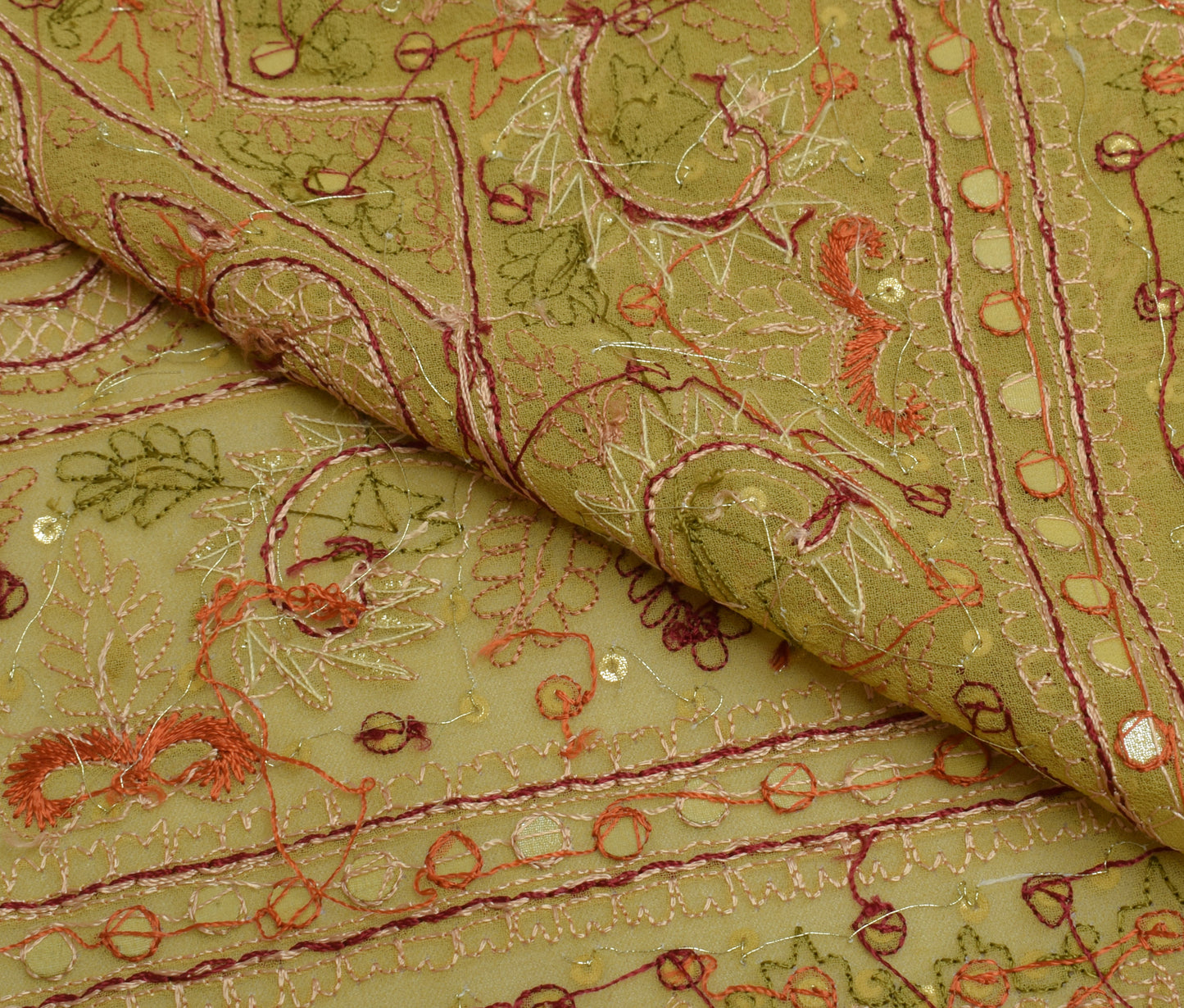 Sushila Vintage Sari Remnant Scrap Blend Georgette Hand Embroidered Craft Fabric