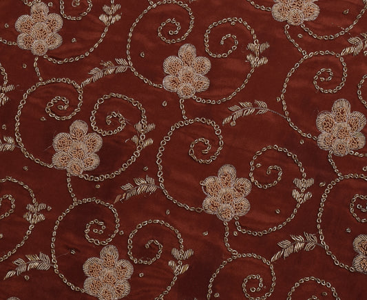Sushila Vintage Brown Sari Remnant Scrap Blend Silk Hand Beaded Craft Fabric