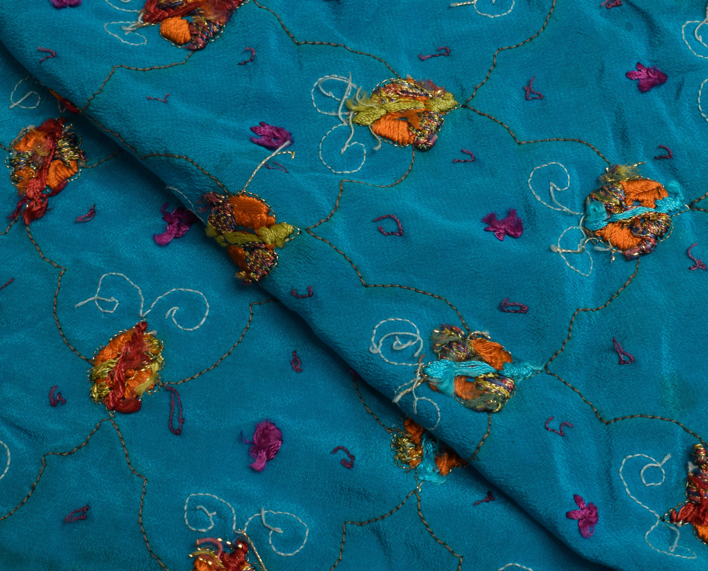 Sushila Vintage Blue Sari Remnant Scrap 100% Pure Silk Embroidered Craft Fabric