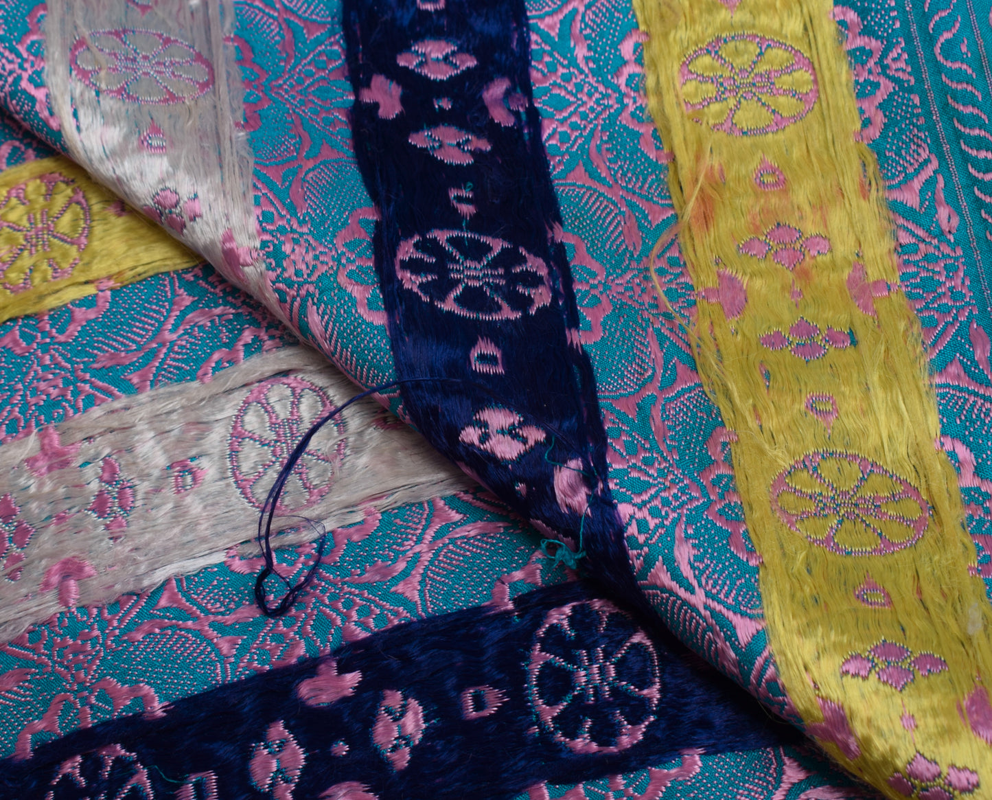 Sushila Vintage Blue Sari Remnant Scrap 100% Pure Silk Woven Craft Fabric