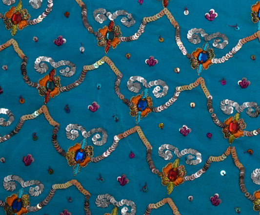 Sushila Vintage Blue Sari Remnant Scrap 100% Pure Silk Embroidered Craft Fabric