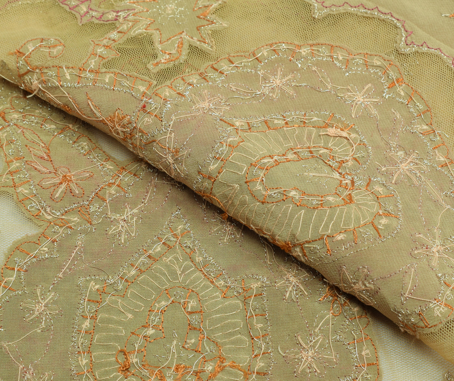Sushila Vintage Green Sari Remnant Scrap 100%Pure Crepe Hand Beaded Craft Fabric
