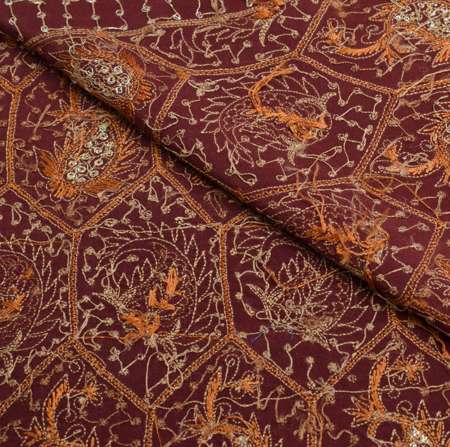 Sushila Vintage Maroon Sari Remnant Scrap Pure Crepe Hand Embroidered Fabric