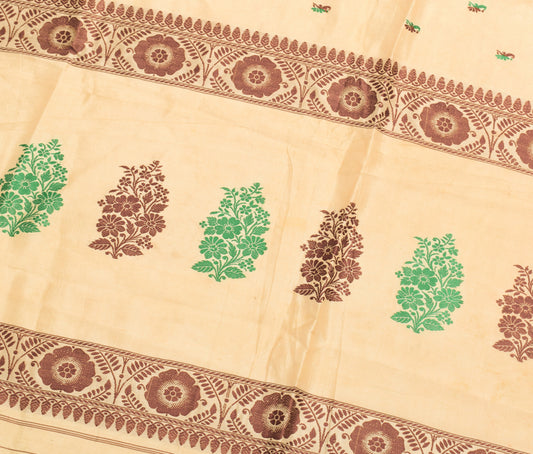 Sushila Vintage Beige Sari Remnant Scrap 100%Pure Silk Woven Floral Craft Fabric