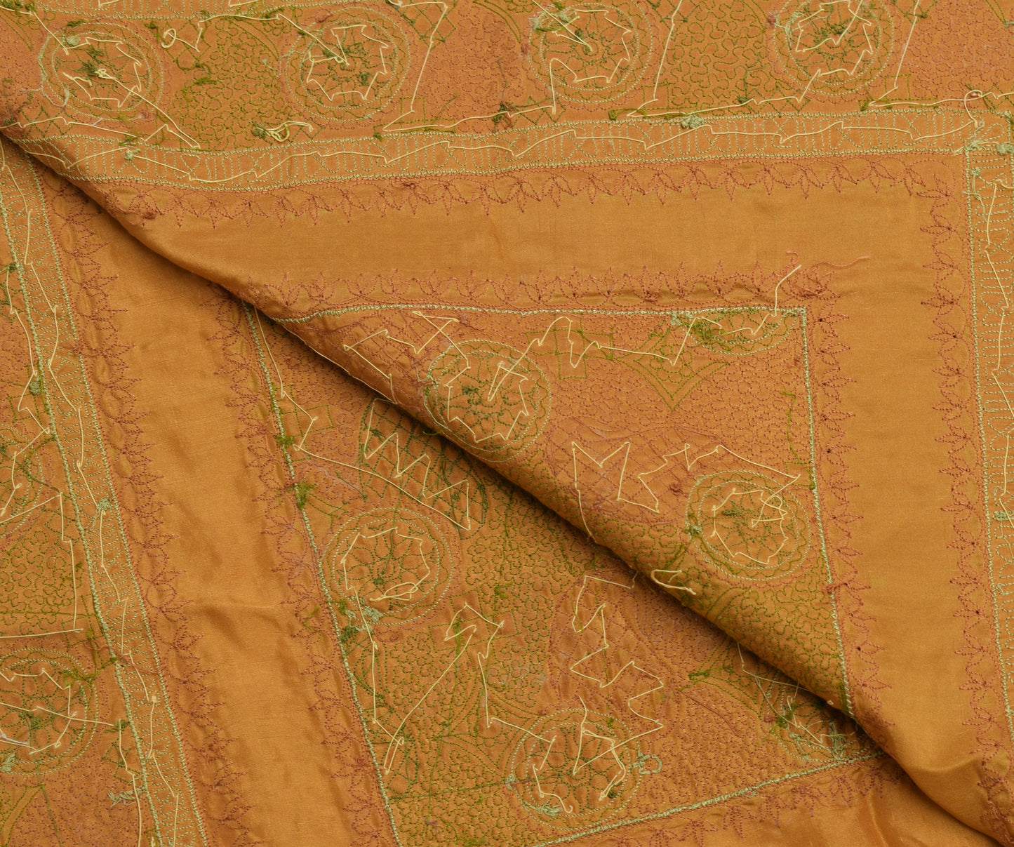 Sushila Vintage Mustard Sari Remnant Scrap Pure Silk Hand Beaded Craft Fabric