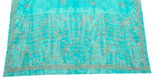 Sushila Vintage Aqua Sari Remnant Scrap Multi Purpose Hand Beaded Craft Fabric