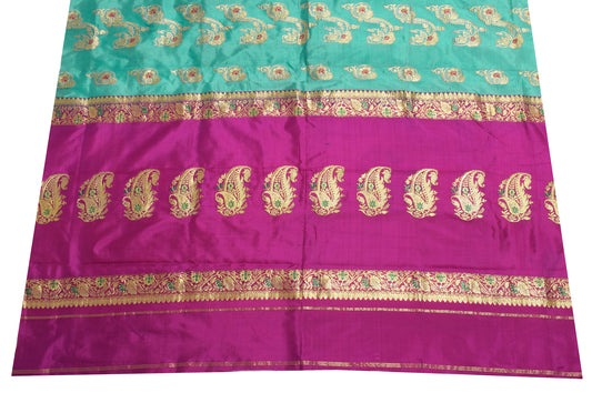 Sushila Vintage Magenta Pure Silk Banarasi Sari Remnant Scrap Woven Craft Fabric