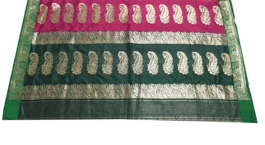 Sushila Vintage Green Banarasi Sari Remnant Scrap Pure Silk Woven Craft Fabric