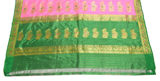 Sushila Vintage Green Banarasi Silk Sari Remnant Scrap Floral Woven Craft Fabric