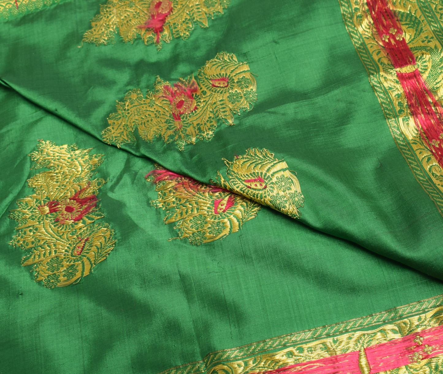 Sushila Vintage Green Banarasi Silk Sari Remnant Scrap Floral Woven Craft Fabric