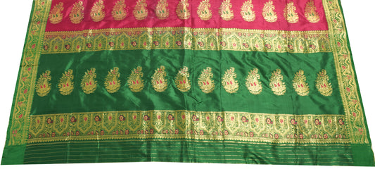 Sushila Vintage Green Banarasi Pure Silk Sari Remnant Scrap Woven Craft Fabric