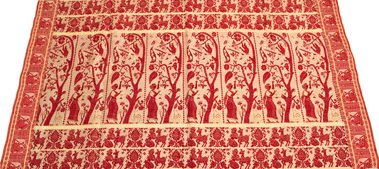 Sushila Vintage Cream Pure Silk Sari Remnant Scrap Baluchari Woven Craft Fabric