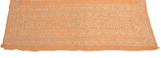 Sushila Vintage Peach Georgette Silk Sari Remnant Scrap Hand Beaded Craft Fabric
