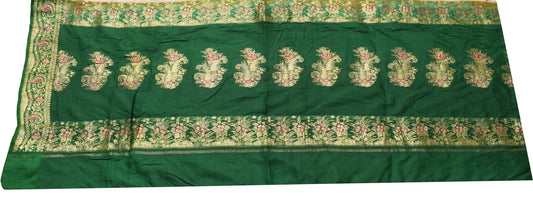Sushila Vintage Green 100% Pure Silk Sari Remnant Scrap Zari Woven Craft Fabric