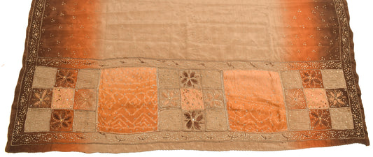 Sushila Vintage Brown Sari Remnant Scrap Crepe Silk Hand Beaded Craft Fabric