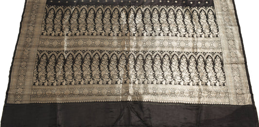 Sushila Vintage Black Banarasi Silk Sari Remnant Scrap Zari Brocade Craft Fabric