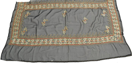 Sushila Vintage Black Georgette Silk Sari Remnant Scrap Embroidered Craft Fabric