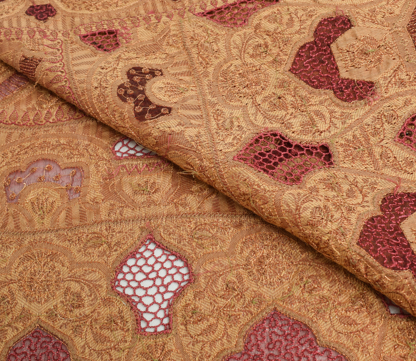 Sushila Vintage Maroon Organza Silk Sari Remnant Scrap Hand Beaded Craft Fabric