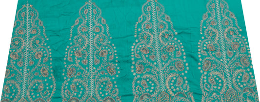 Sushila Vintage Rama Green Sari Remnant Scrap Silk Embroidered Soft Craft Fabric