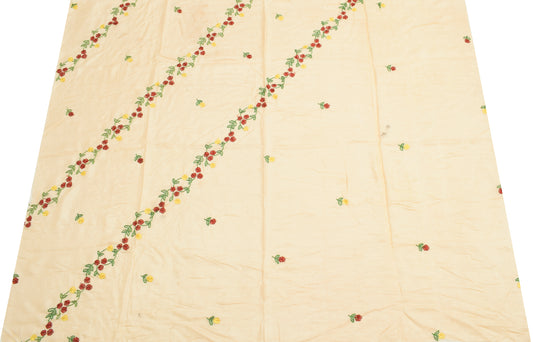 Sushila Vintage Cream Sari Remnant Scrap Pure Silk Hand Embroidered Craft Fabric