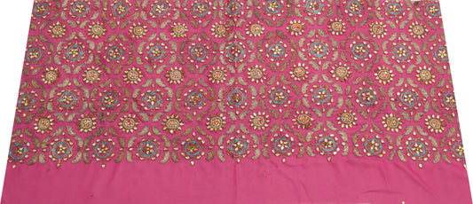 Sushila Vintage Pink Sari Remnant Scrap Georgette Silk Hand Beaded Craft Fabric