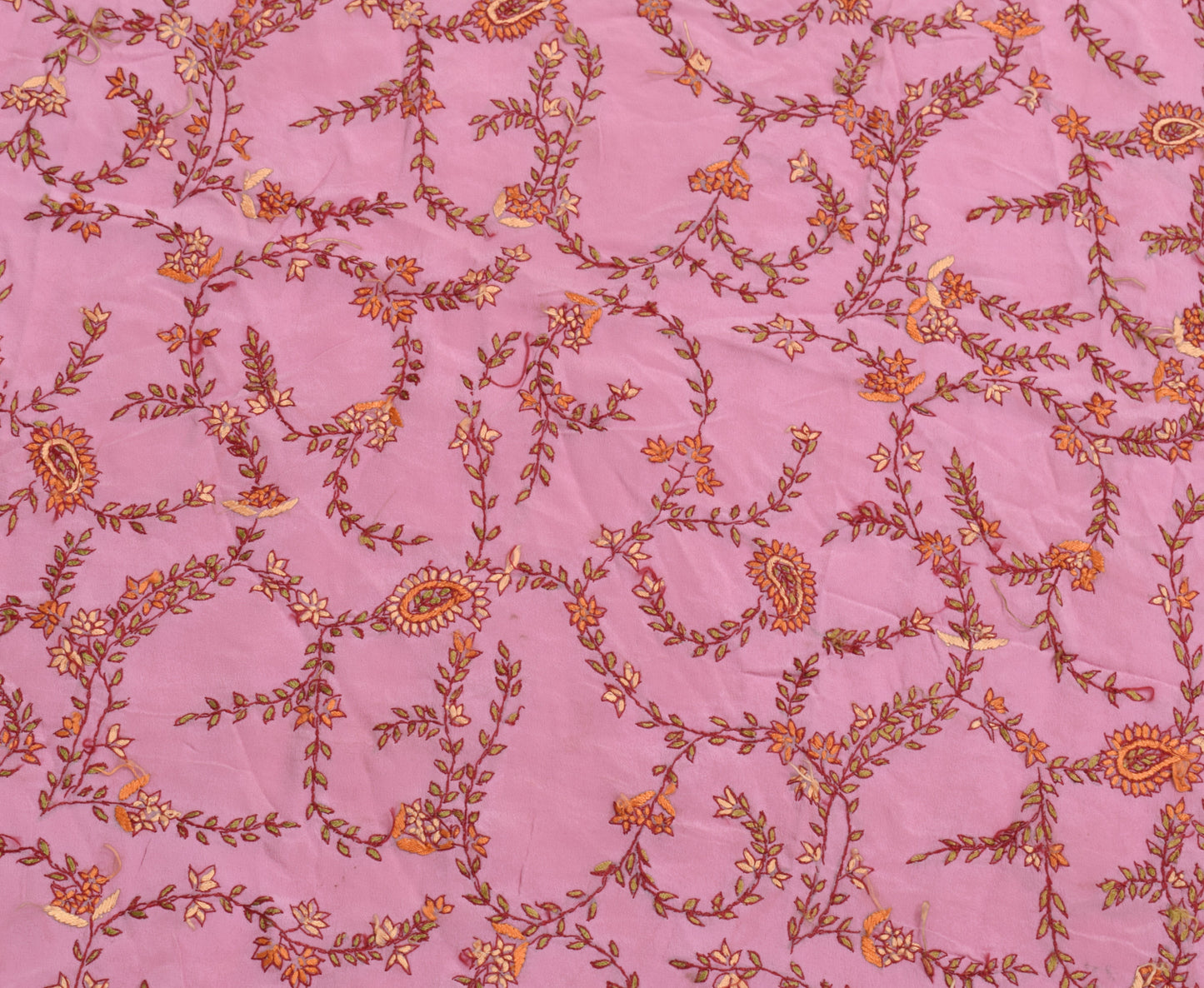 Sushila Vintage Pink Sari Remnant Scrap Pure Crepe Hand Embroidered Craft Fabric