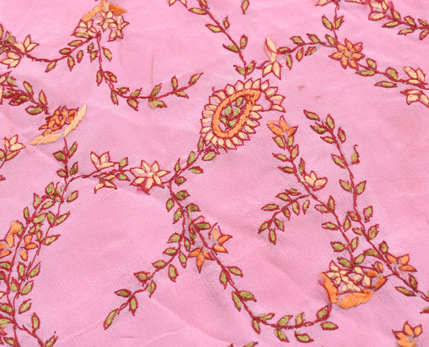 Sushila Vintage Pink Sari Remnant Scrap Pure Crepe Hand Embroidered Craft Fabric