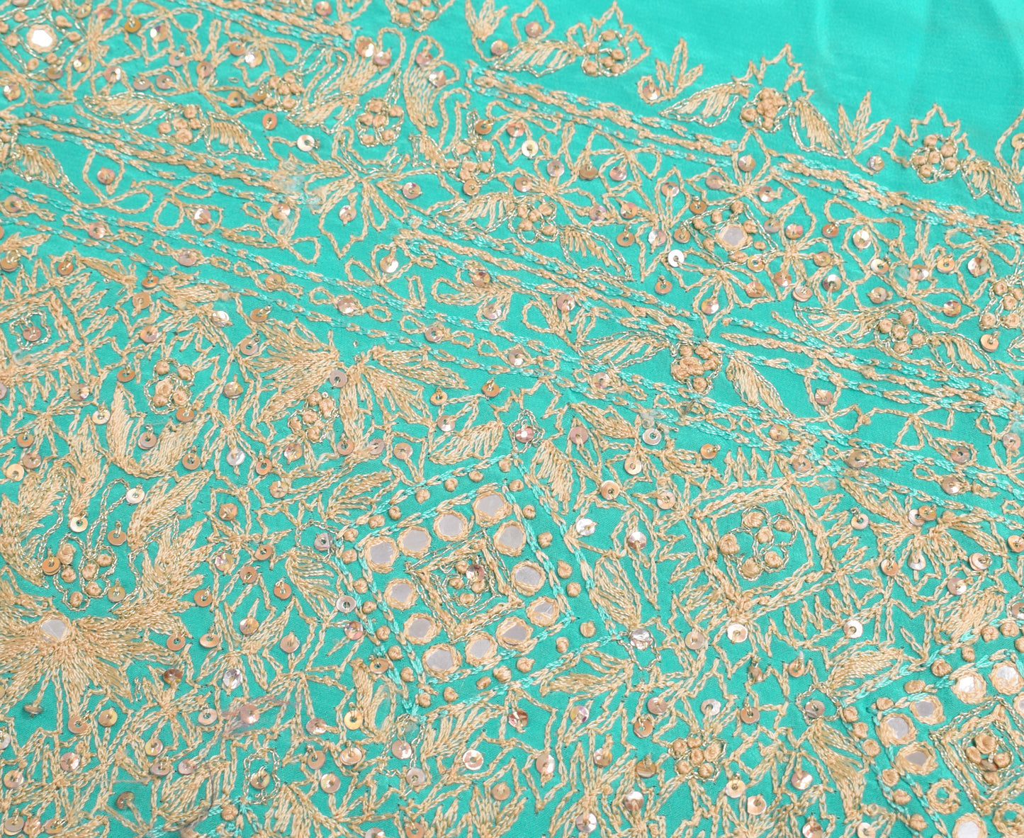 Sushila Vintage Green Sari Remnant Scrap Crepe Silk Hand Beaded Craft Fabric