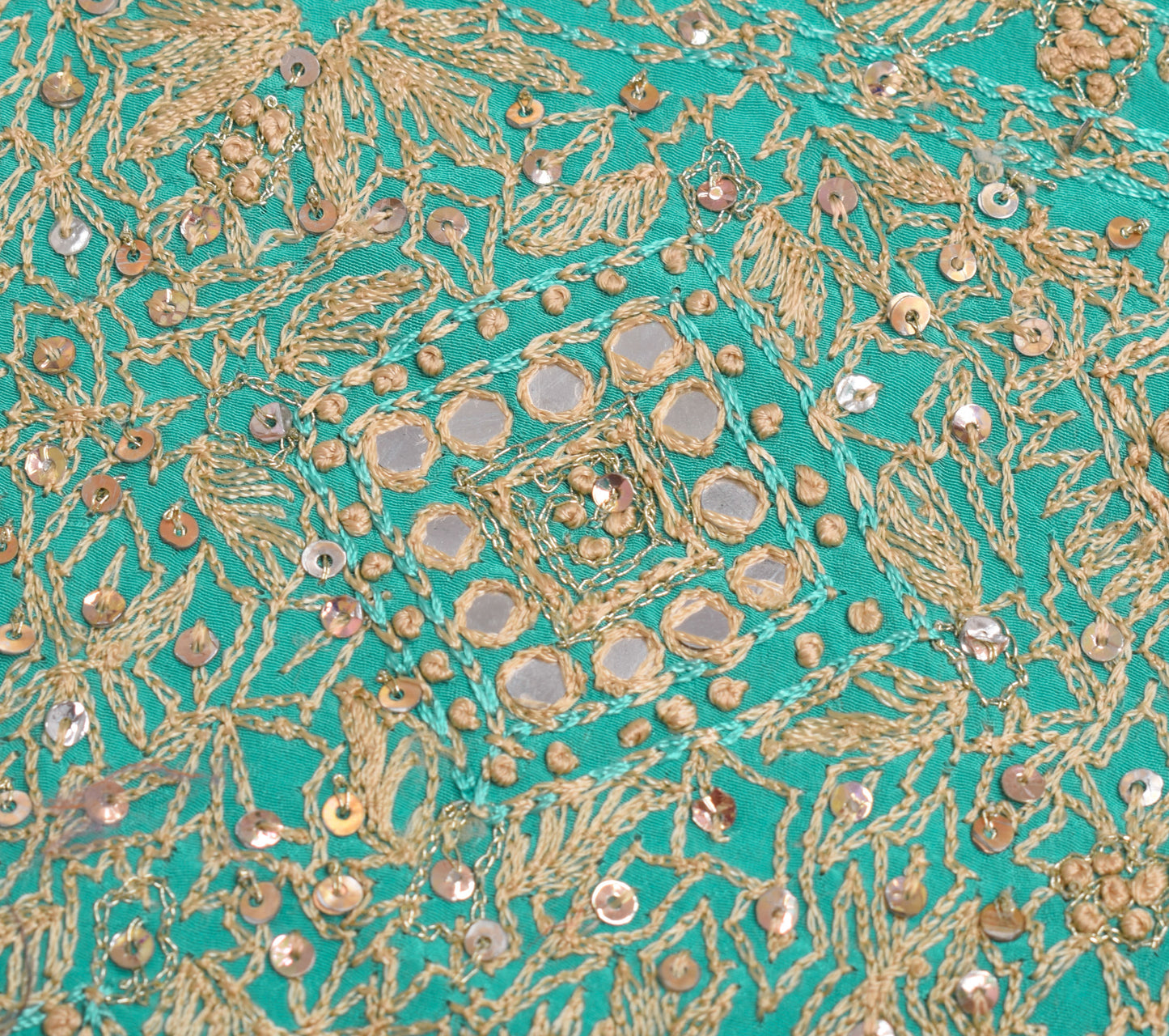 Sushila Vintage Green Sari Remnant Scrap Crepe Silk Hand Beaded Craft Fabric