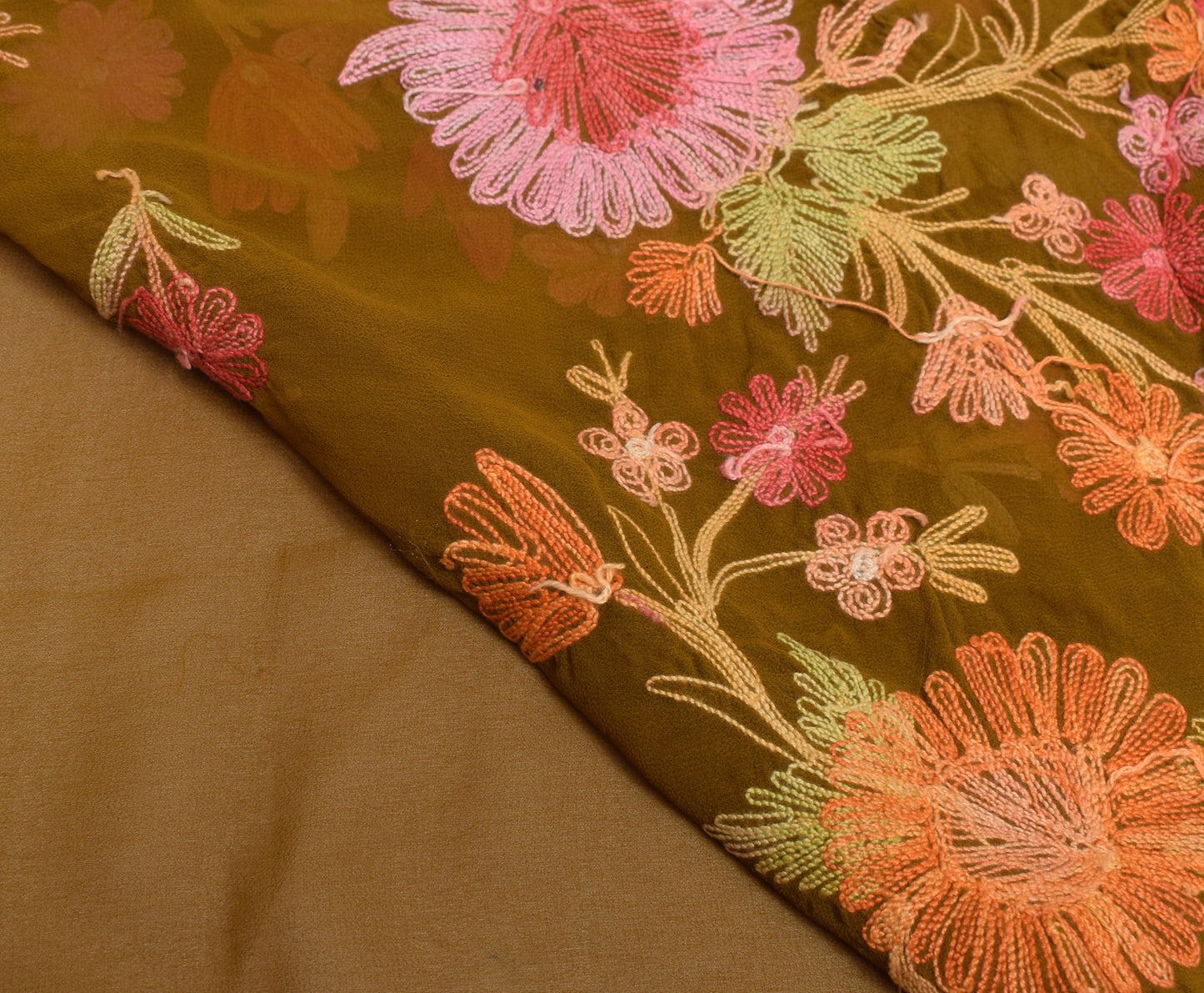 Sushila Vintage Green Silk Sari Remnant Scrap Kashmiri Embroidered Craft Fabric