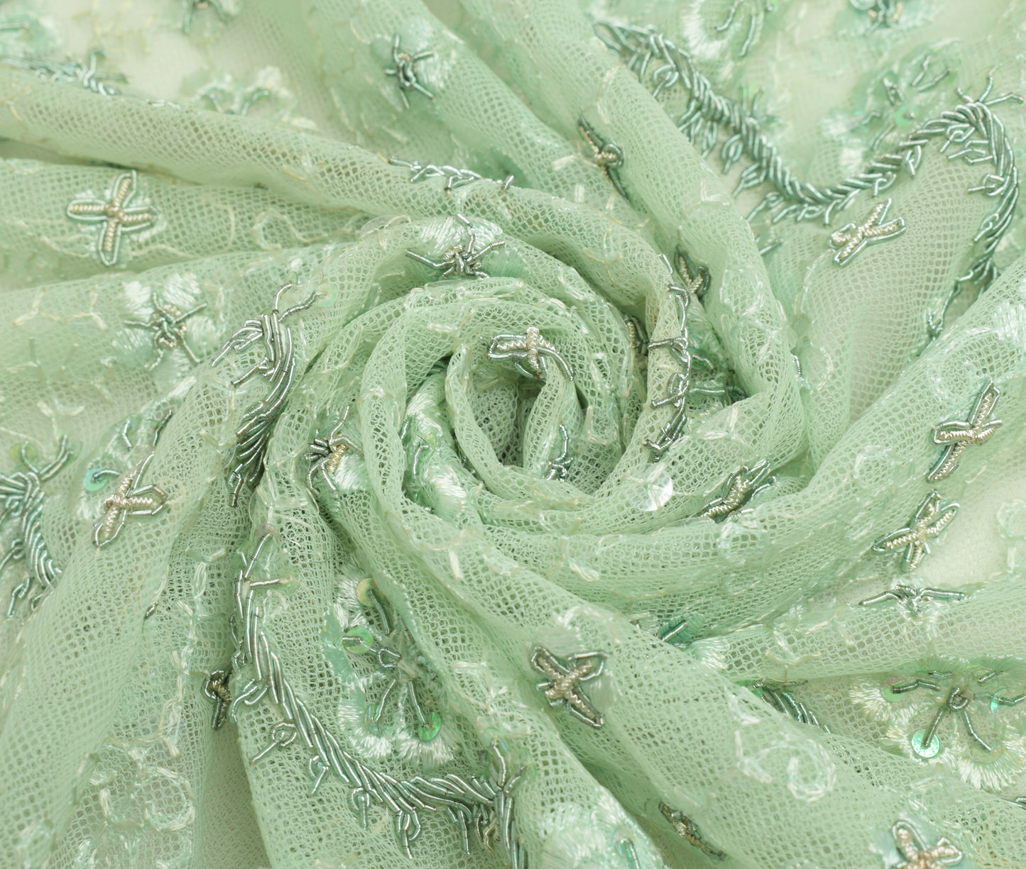 Sushila Vintage Green Net Sari Remnant Scrap Hand Beaded Floral Craft Fabric