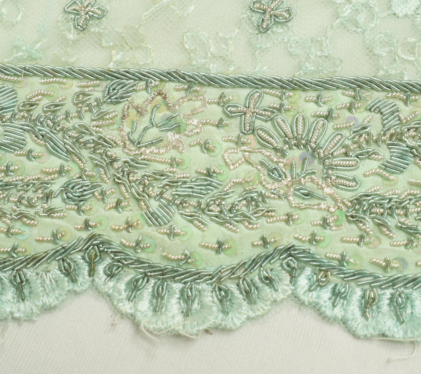 Sushila Vintage Green Net Sari Remnant Scrap Hand Beaded Floral Craft Fabric