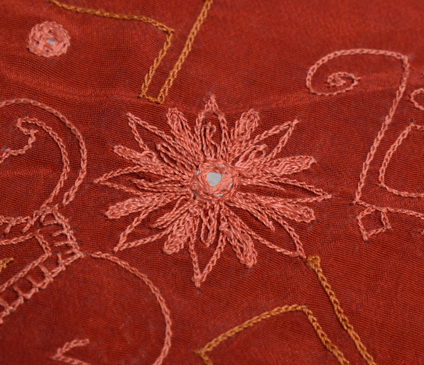 Sushila Vintage Rust Crepe Sari Remnant Scrap Embroidered Floral Craft Fabric