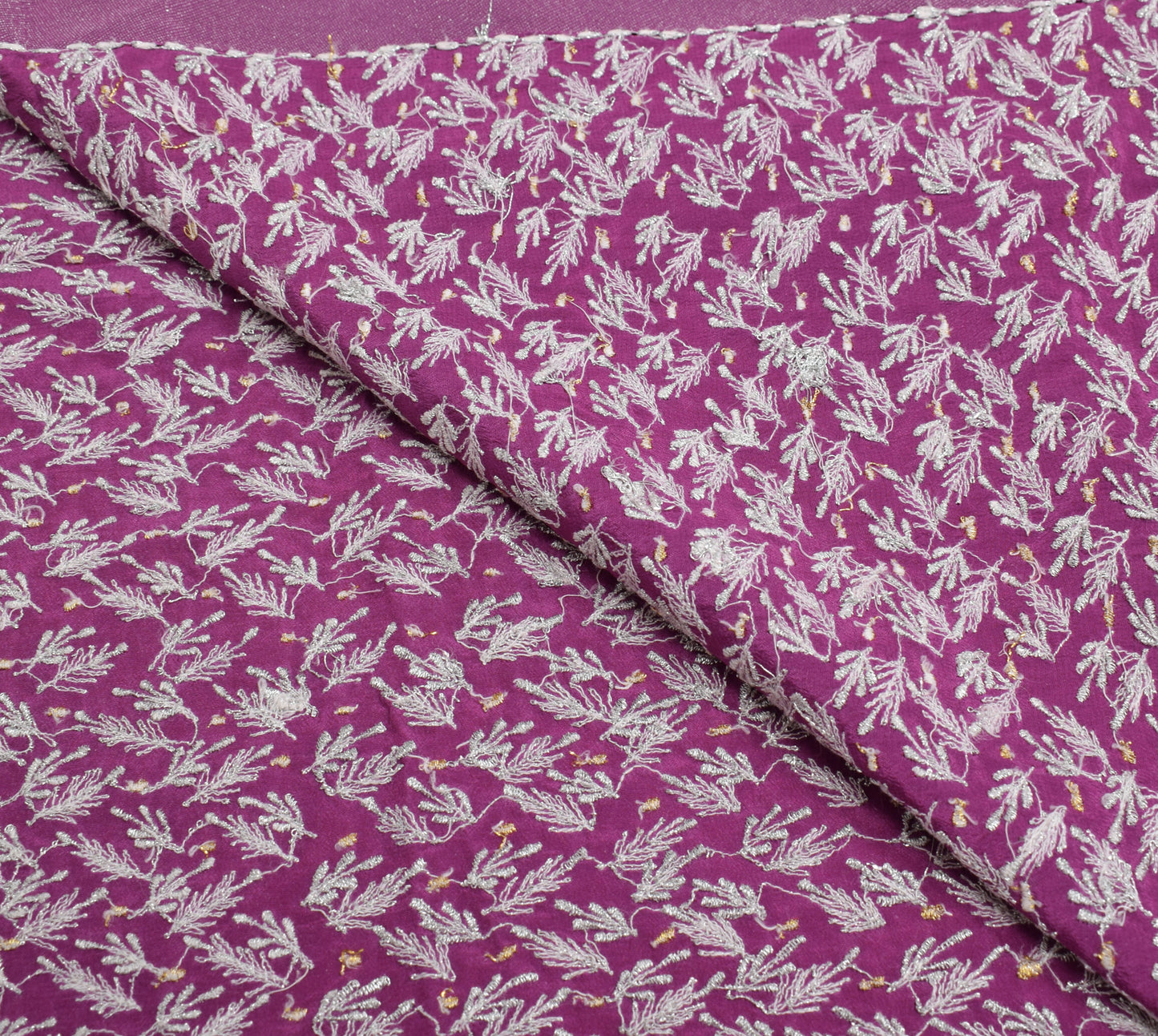 Sushila Vintage Purple Sari Remnant Scrap Crepe Silk Embroidered Craft Fabric