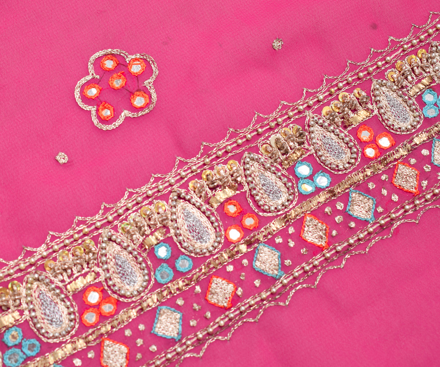 Sushila Vintage Magenta Sari Remnant Scrap Georgette Hand Beaded Craft Fabric