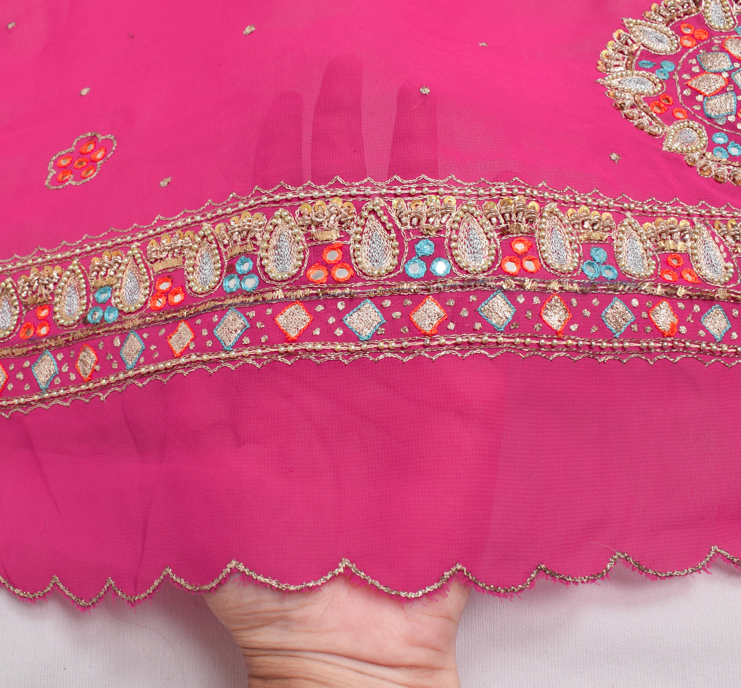 Sushila Vintage Magenta Sari Remnant Scrap Georgette Hand Beaded Craft Fabric