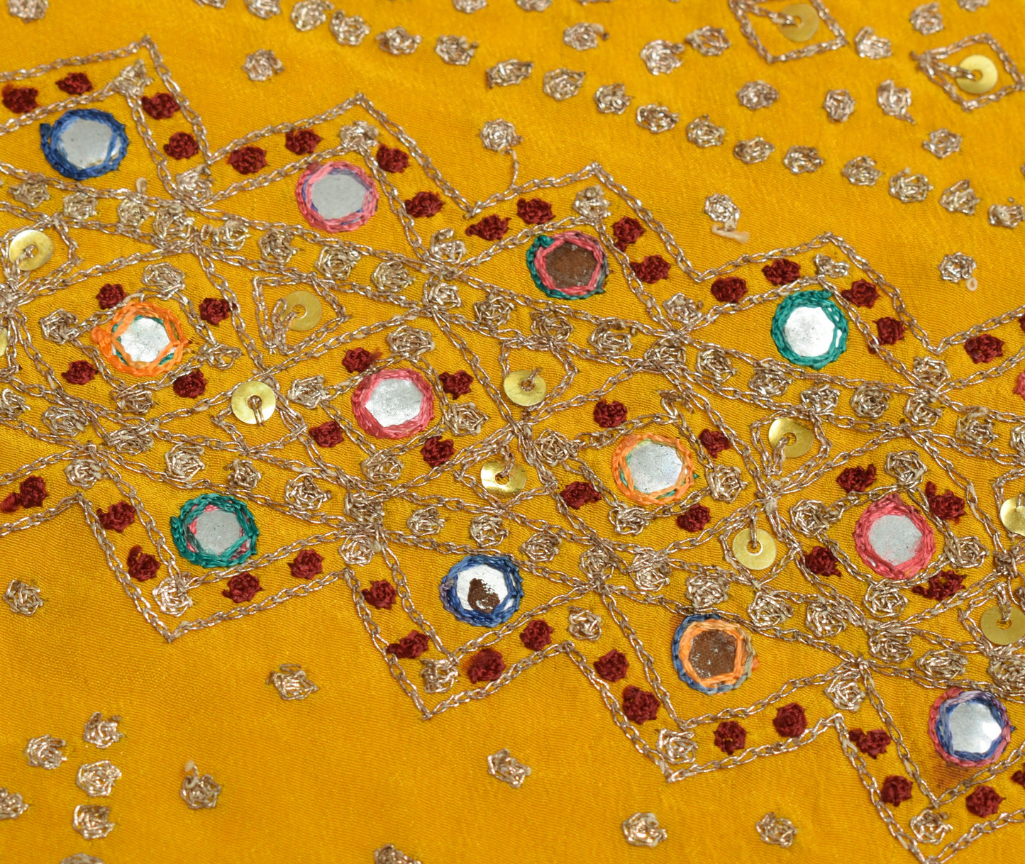 Sushila Vintage Yellow Crepe Silk Sari Remnant Scrap Hand Beaded Craft Fabric