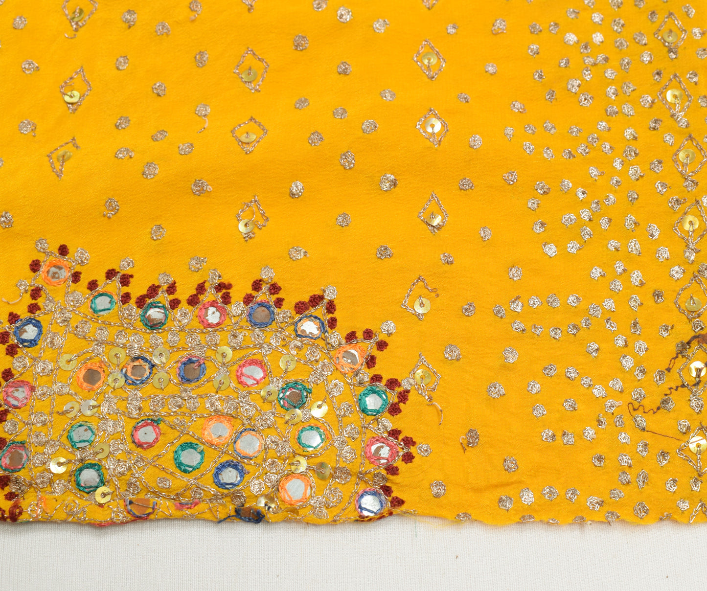 Sushila Vintage Yellow Crepe Silk Sari Remnant Scrap Hand Beaded Craft Fabric