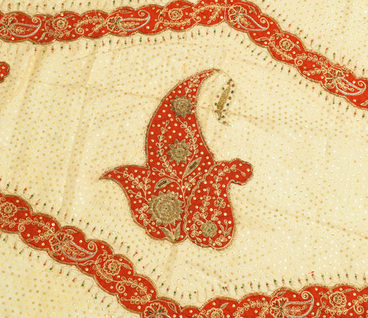 Sushila Vintage Creme Sari Remnant Scrap 100% Pure Silk Hand Beaded Craft Fabric