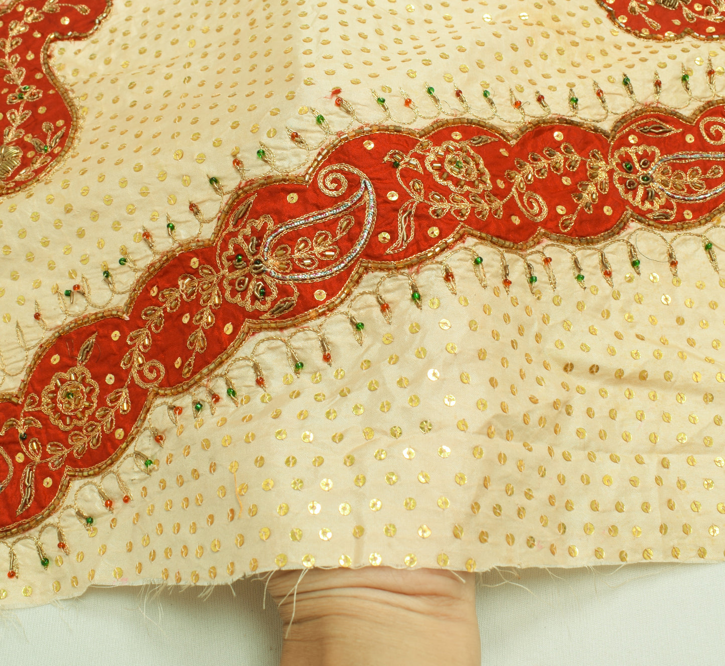 Sushila Vintage Creme Sari Remnant Scrap 100% Pure Silk Hand Beaded Craft Fabric
