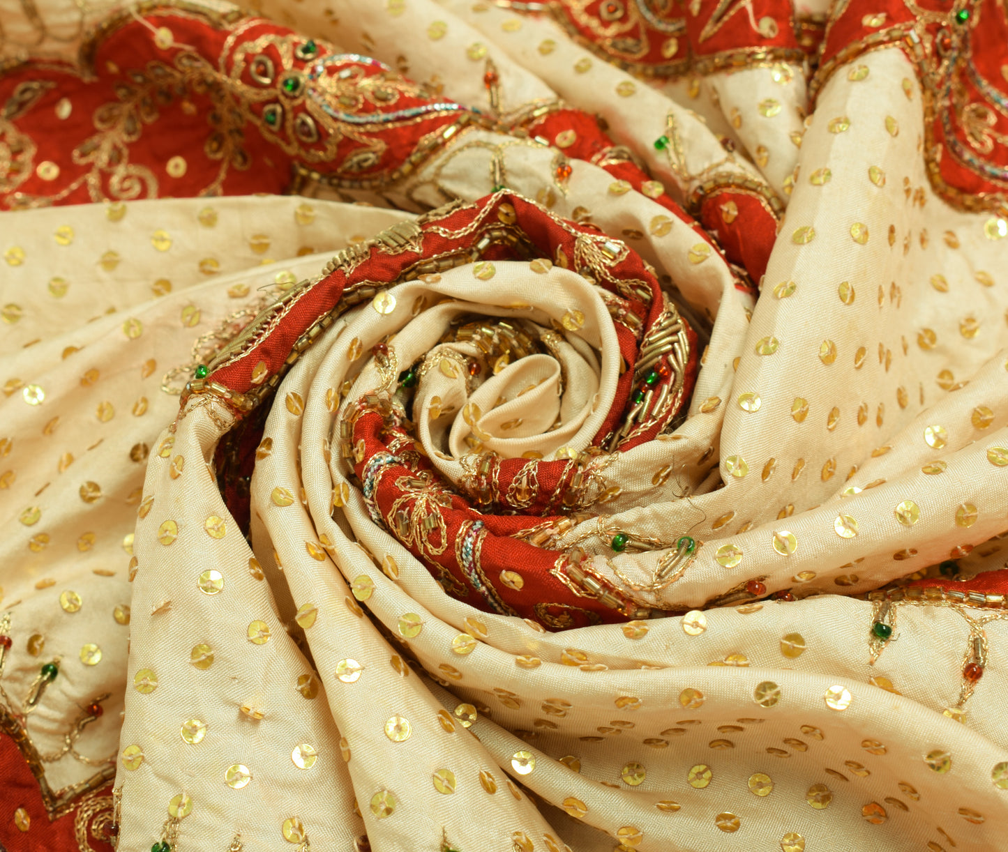 Sushila Vintage Creme Sari Remnant Scrap 100% Pure Silk Hand Beaded Craft Fabric