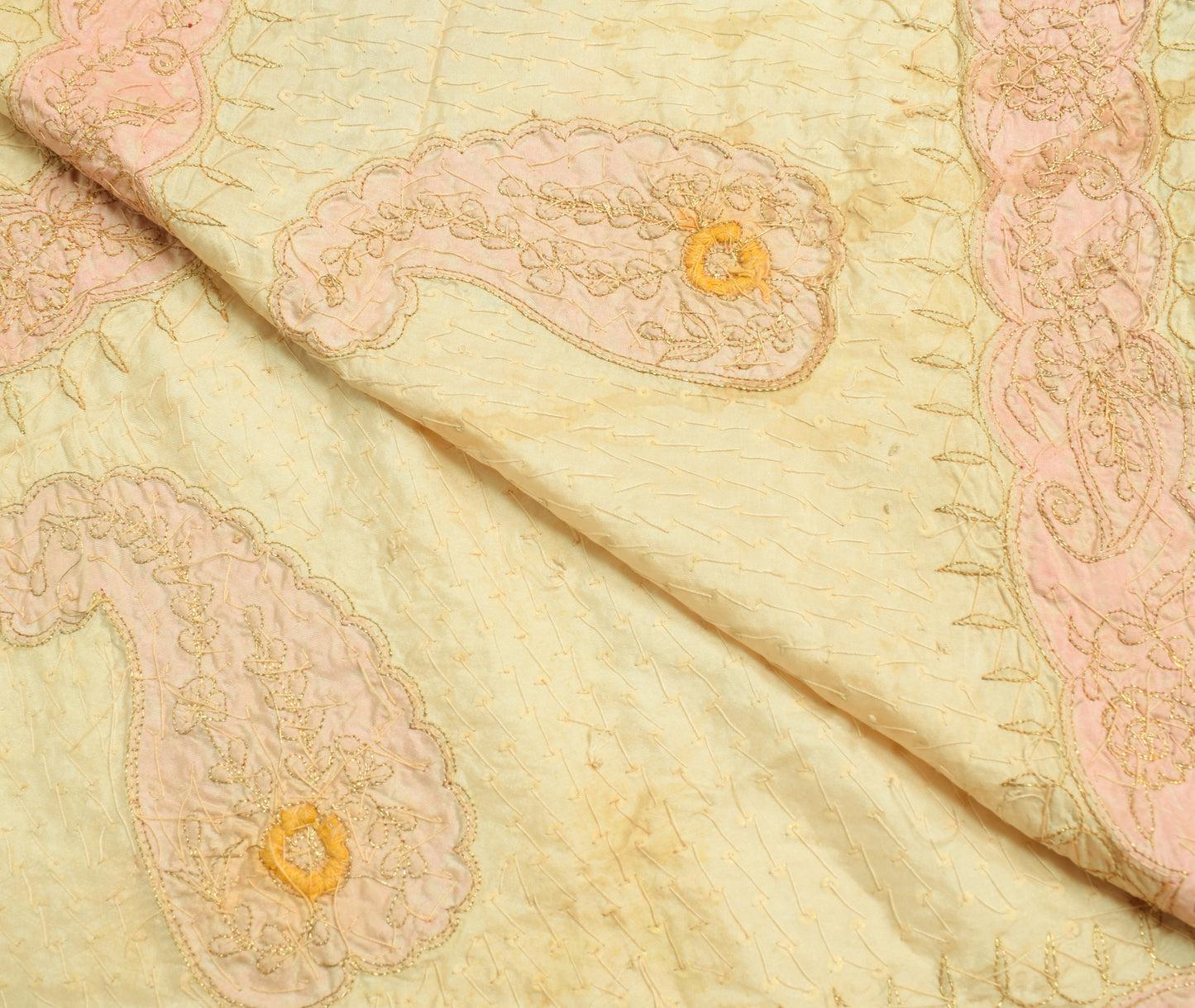 Sushila Vintage Creme Sari Remnant Scrap 100% Pure Silk Hand Beaded Craft Fabric