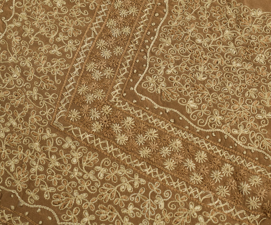Sushila Vintage Brown Sari Remnant Scrap Crepe Silk Hand Embroidery Craft Fabric