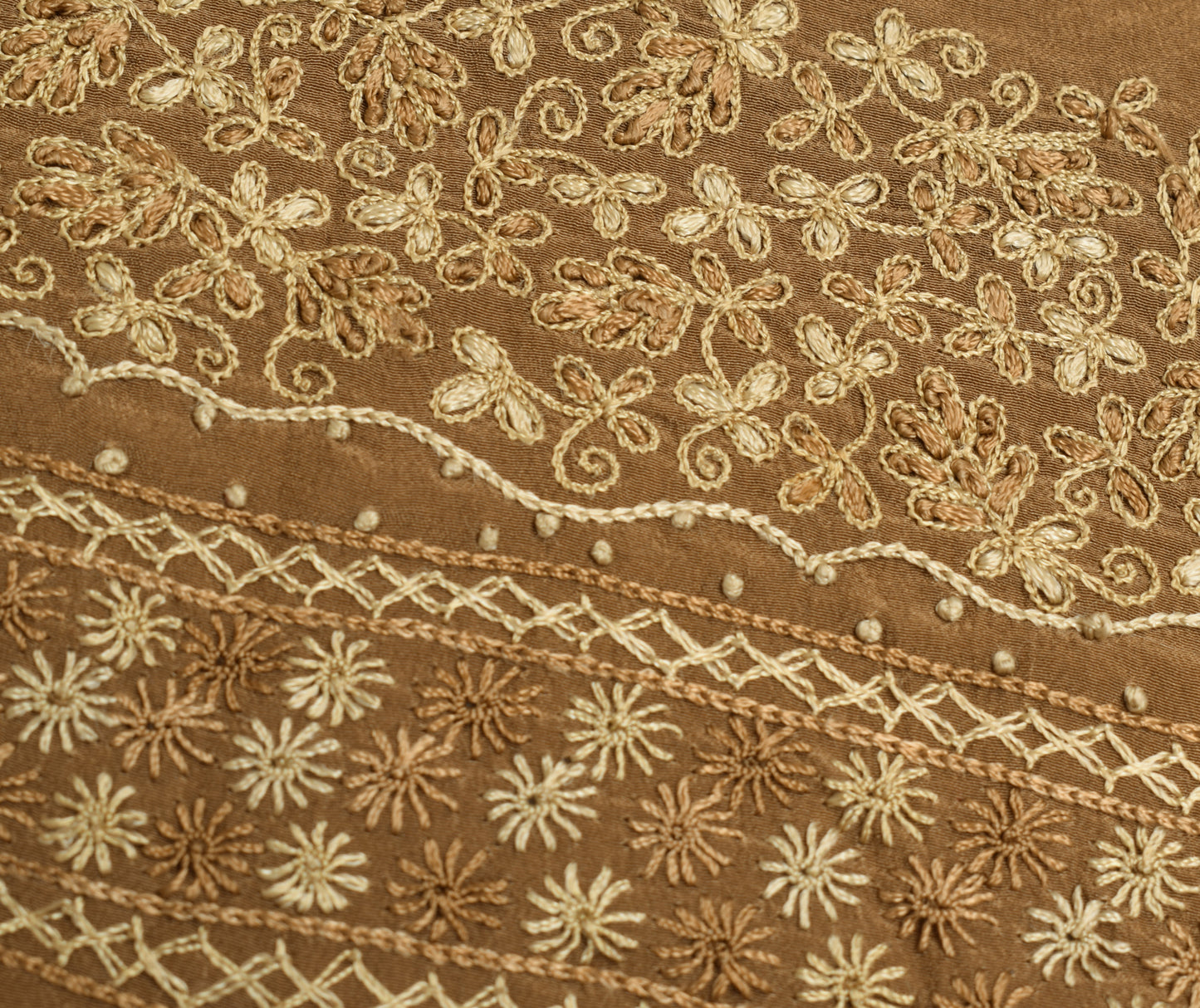 Sushila Vintage Brown Sari Remnant Scrap Crepe Silk Hand Embroidery Craft Fabric